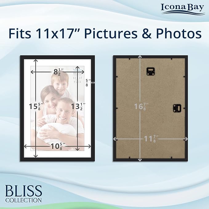 Icona Bay - 11x17 Black Picture Frame Fits 10x16 Photos with Mat to 9x14 Image - Modern Style Engineered Wood Poster Frame - Wall Mount Only - Bliss Collection