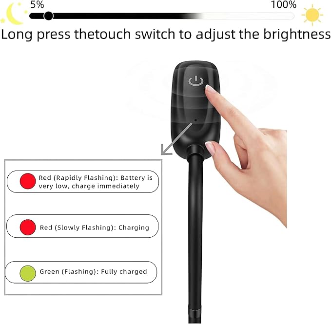 Cordless Portable Floor Lamp, Adjustable Gooseneck with Touch Switch, 3 Color Modes, Lightweight & Rechargeable for Living Room, Bedroom, Office, Reading, Camping, RV, Piano, Indoor Outdoor- Black