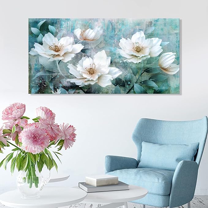 Abstract roses wall art for living room grey green painting 24"x48"watercolor paintings flowers floribunda framed canvas prints decor home bedroom decor office