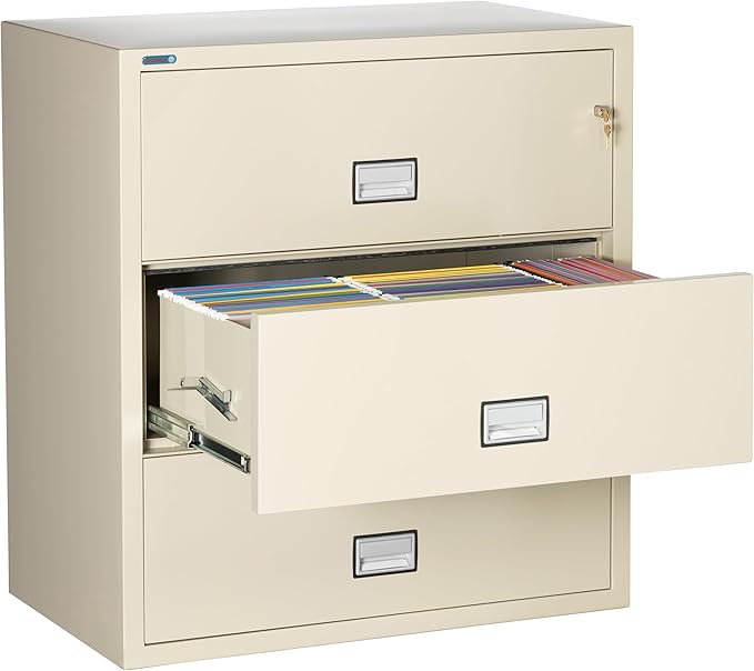 38 inch Wide 3-Drawer Lateral Fireproof File Cabinet – Legal and Letter Size Filing – Key Lock – Water Resistant – Fire Safe and Impact Rated – Putty Finish – Model LAT3W38P