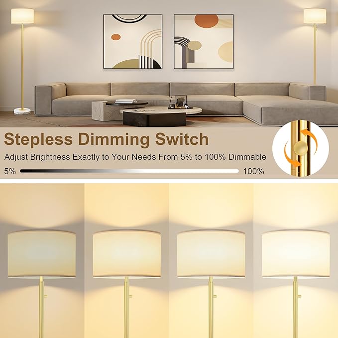 Floor Lamps for Living Room–LED Bulb Included,Dimmable Floor Lamp with Linen Shade,Modern Standing Lamp with Marble Base,Tall Floor Lamp for Bedroom,Nursery,Reading & Office,Gold