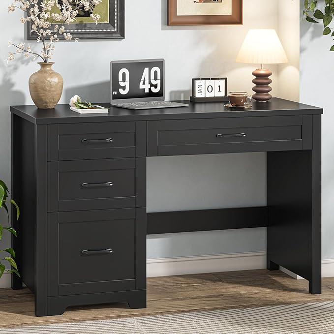 Vabches Farmhouse 47" Executive Desk with File Drawer, Workstation for Home Office, Study, Writing,Wood Computer Desk with 3 Storage Drawers.(Black