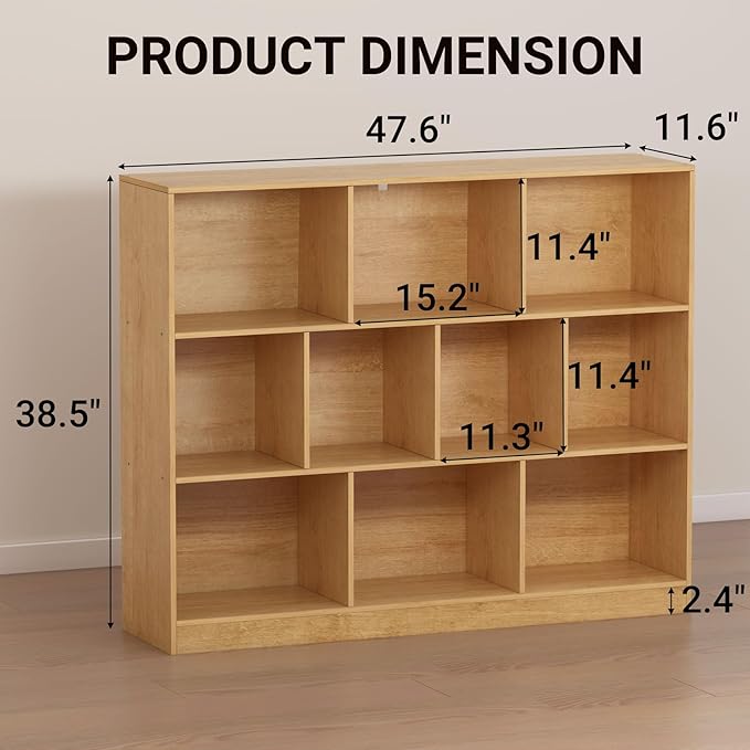 10-Cube Wooden Bookshelf with Base,3-Tier Freestanding Open Storage Organizer,Multi-Functional Bookcase for Living Room,Bedroom,Study and Office (Oak, 10-Cube)
