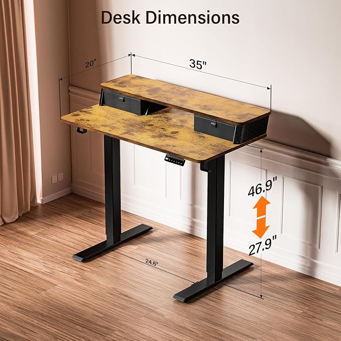 Kingant 35 x 20 Inch Small Electric Standing Desk with Dual Drawers, Height Adjustable Sit to Stand Computer Desk with Storage Shelf and C-Clamp Mount Compatibility for Home Office, Rustic Brown