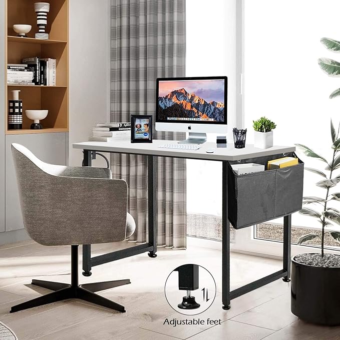 Lufeiya Computer Desk White Writing Table for Small Spaces Home Office 39 Inch Modern Study PC Desk with Storage Bag Hook, White Black