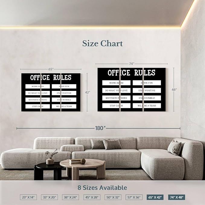 Elephant Stock - Office Rules Wall Art - Horizontal Multi Panel Canvas - 3 Piece Home Office Wall Decor - Digital Art Motivational Typography Multi Piece Wall Art - Black And White Decor by Cad Designs - 74" x 48"