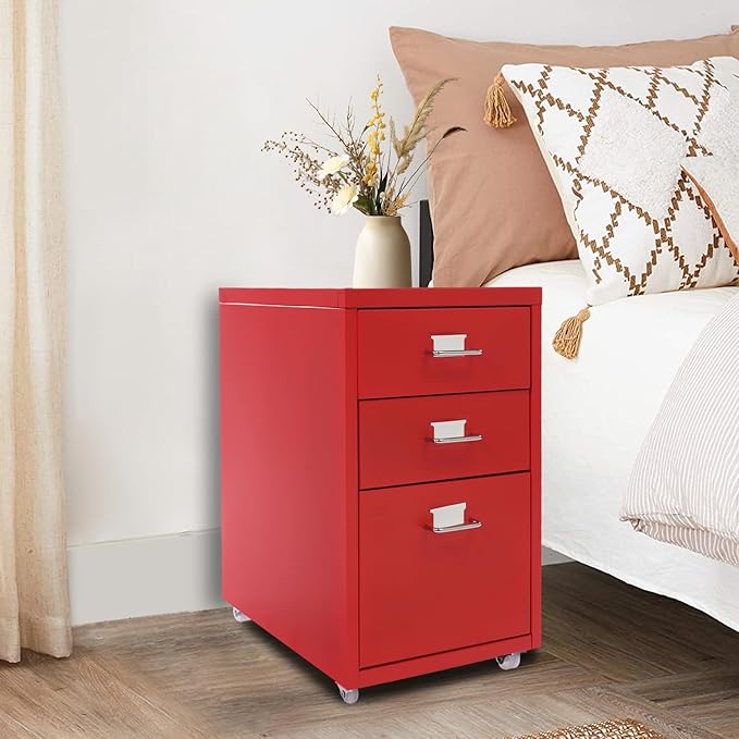 File Cabinet, 3 Drawer Office Filing Cabinet Metal Storage Cabinet with Wheels for Home and Office, Under Desk Cabinet Rolling Storage Case for Notebooks Cosmetics (Red)
