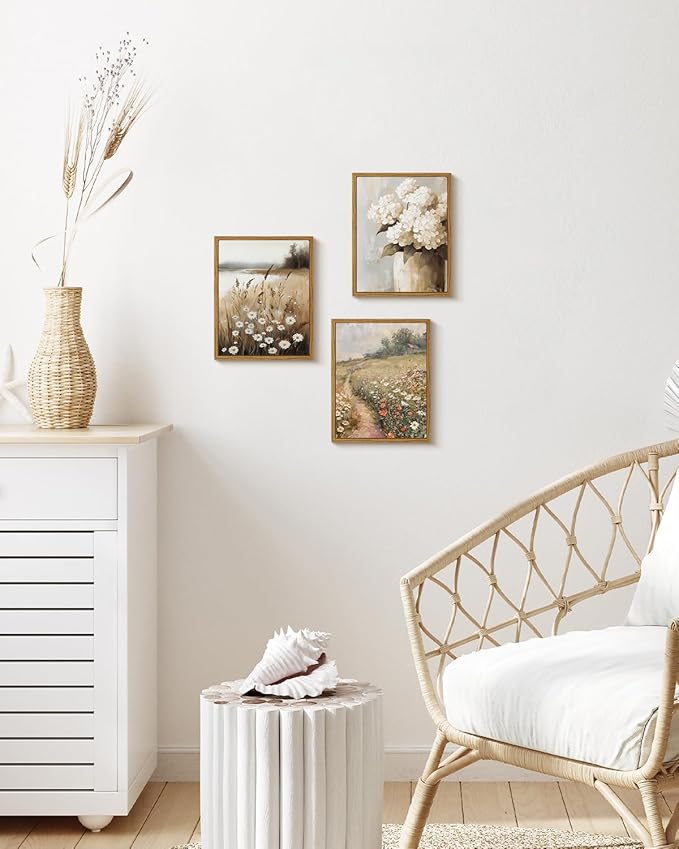 ARPEOTCY Vintage Framed Canvas Wall Art, Retro Countryside Wildflower Field Canvas Prints Decor, Farmhouse Floral Painting Landscape Wall Art for Living Room, Bedroom, Bathroom(8 x 10 Inch)