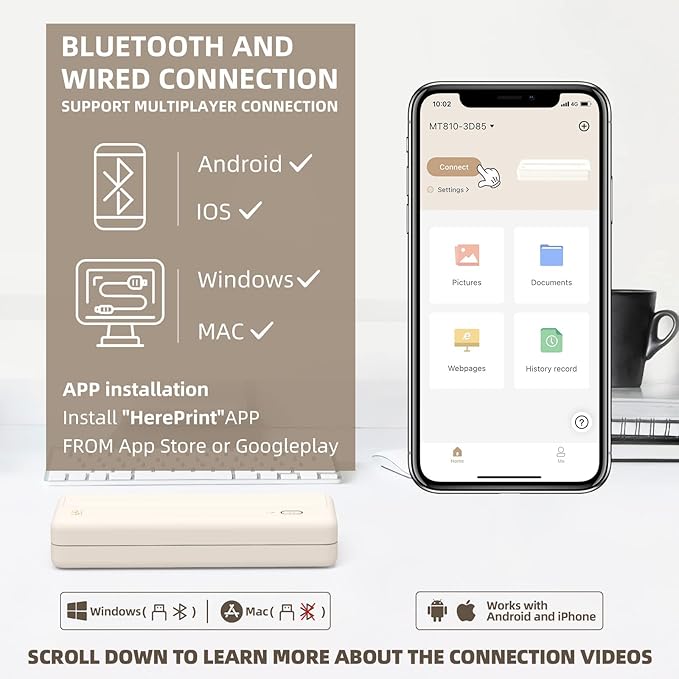 HPRT MT810 Wireless Portable Printer – Bluetooth Thermal Inkless Printer for Travel, Mobile Office, School and Home – Compatible with iOS, Android (Beige)