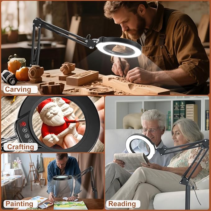 LANCOSC 10X Magnifying Glass with Light and Stand, Real Glass Lens, 5 Color Modes Dimmable, 3-in-1 Adjustable Swing Floor Lamp, LED Lighted Hands Free Magnifier & Clamp for Reading, Crafts, Painting