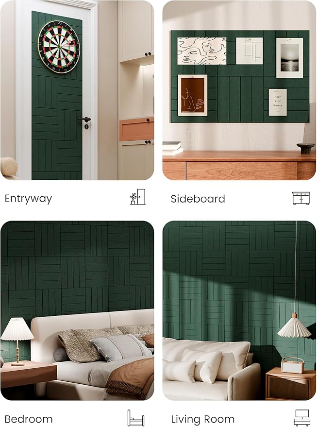 Bumusty Large Cork Board Alternative-36 x 24" Felt Bulletin Board Tiles, with 30 Pushpins, 40 Adhesive Tabs, 6-Pack Slat Wall Paneling, Cork Boards for Office Push Pin Board Felt Board-Pine Green