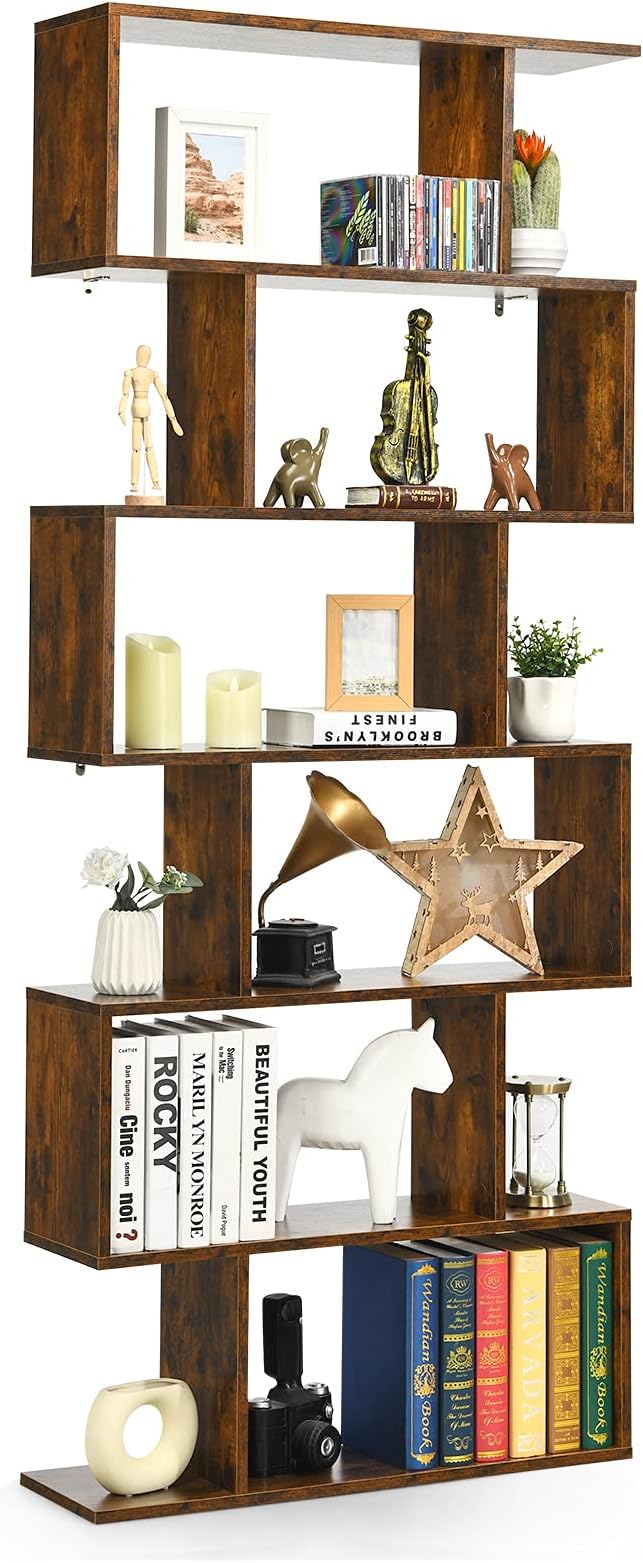 Tangkula 6 Tier S Shaped Bookshelf, 31.5''L x 9''W x 75''H, Wooden Bookcase and Bookshelves w/Anti-Toppling Device, Room Divider Display Shelves for Living Room, Home Decor, 6 Shelf Bookshelf