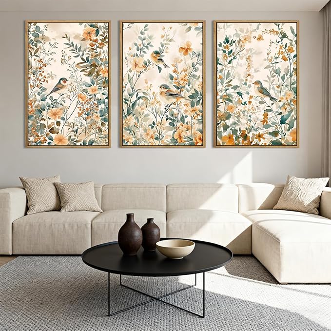 ANHUIB Large Neutral Floral Wall Art 16x24 Inch Beige Botanical Wall Decor Bird Painting Set of 3 for Living Room Bedroom Barhroom