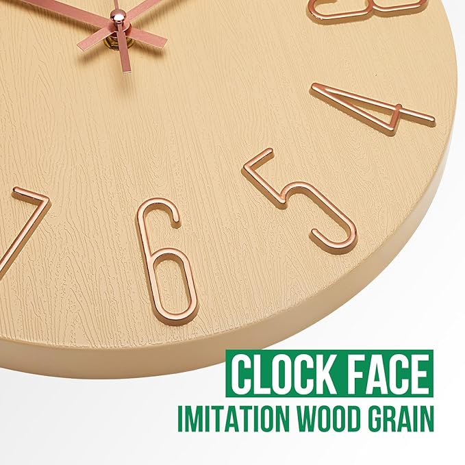 Wall Clock 12 Inch Silent Non-Ticking Imitation Wood Indoor Clock Round Beige Decor Clock Modern 3D Figures Quartz Wall Clocks for Home, Hotel, Office, School