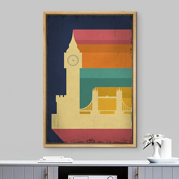 IDEA4WALL Framed Canvas Print Wall Art Retro Vintage British Big Ben Poster Cultural Building Illustrations Modern Art Contemporary Scenic Warm for Living Room, Bedroom, Office - 24"x36" NATURAL