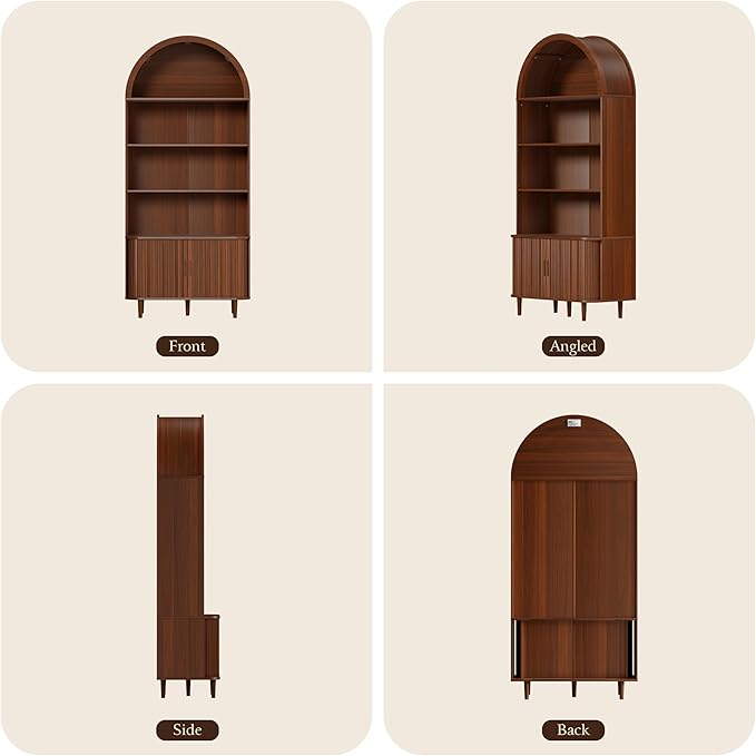 DHH 71" Tall Arched Bookshelf, 5 Tiers Arch Bookcase with Storage, Modern Farmhouse Book Shelf with Adjustable Shelves ＆Sliding Doors, Wood Display Cabinet for Living Room, Office(Walnut)