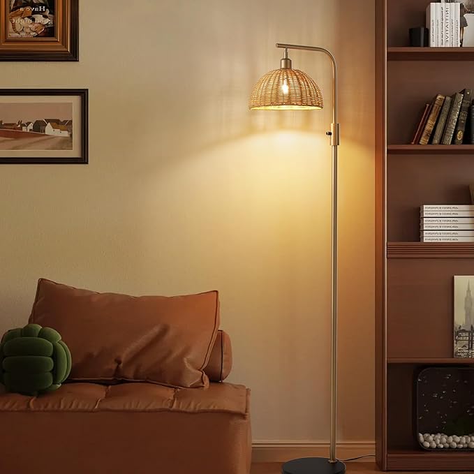 Boho Floor Lamp for Living Room: Rattan Floor Lamp for Bedroom - Gold Standing Lamp with Dimmable Tall Lamp,No Bulb