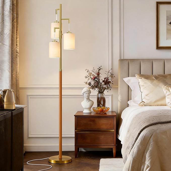 70" Wood Floor Lamp Dimmable Floor Lamps for Living Room Bedroom Mid Century Modern Floor Lamp Gold Standing Lamp Tall Lamps for Office Nursery Reading Elegant Stand Up Lamp, 3 Bulbs Included