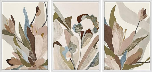 SIGNWIN Framed Canvas Print Wall Art Set Botanical Abstract Earthy Neutral Floral Illustrations Modern Art Decorative Boho Relax/Zen Nordic for Living Room, Bedroom, Office - 24"x36"x3 White