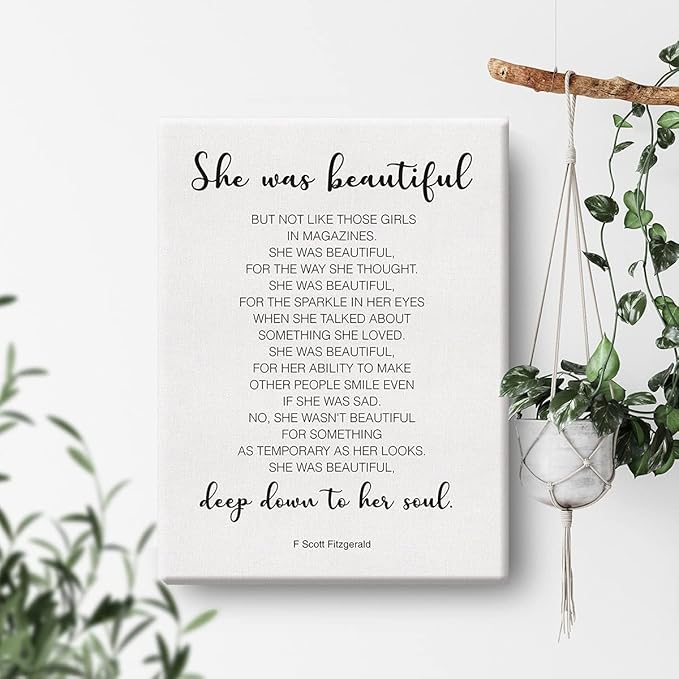 Inspirational Wall Decor She Was Beautiful F. Scott Fitzgerald Quote Canvas Painting Prints for Home Dining Room Living Room Wall Decor Framed Artwork Gifts(12x15 Inch)