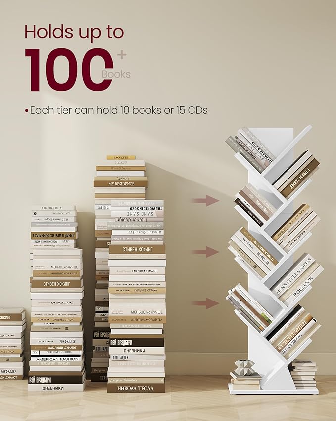 VASAGLE Custos Collection - Tree Bookshelf, Modern Bookcase, Floor Standing Book Shelf, for Bedroom, Living Room, Home Office, 7.9 x 15 x 45.4 Inches, Cloud White ULBC609W01