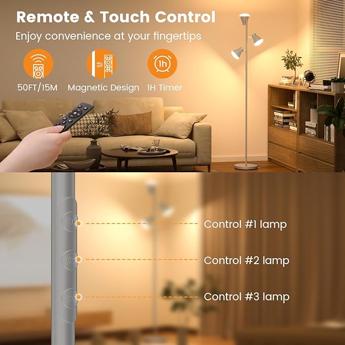 36W LED Tree Floor Lamp, Dimmable Tall Standing Lamp with Remote & Touch Control, 4 Color Temperatures Bright Floor Lamp, 3 Rotatable Light Modern Floor Lamps