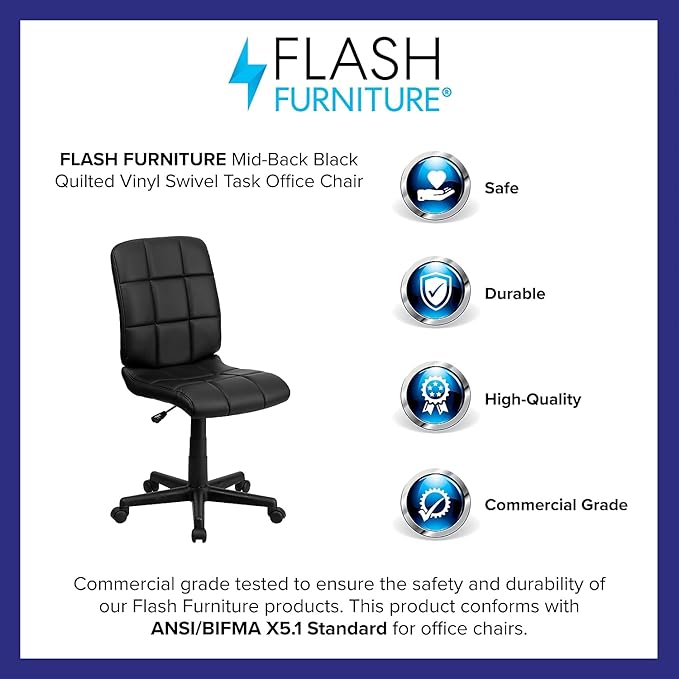 Flash Furniture Clayton Mid-Back Tufted Vinyl Upholstered Swivel Desk Chair with Padded Seat, Modern Adjustable Height Padded Office Chair, Black