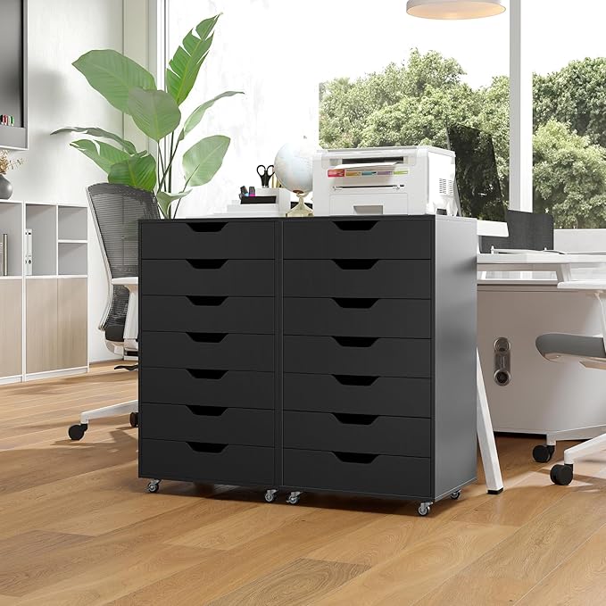 7 Drawers Filing Cabinet, Vertical File Cabinet for Home Office, Mobile Under Desk Office Storage Cabinets with Wheels (Black)