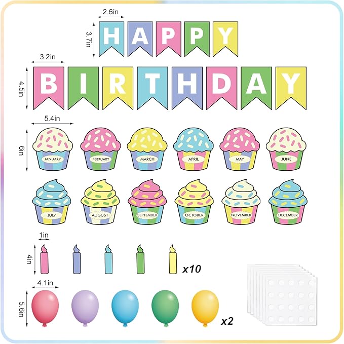 JarThenaAMCS 85Pcs Happy Birthday Bulletin Board Set Colorful Cake Balloon Candles Calendar Poster Classroom Birthday Chart for Back to School Decorations