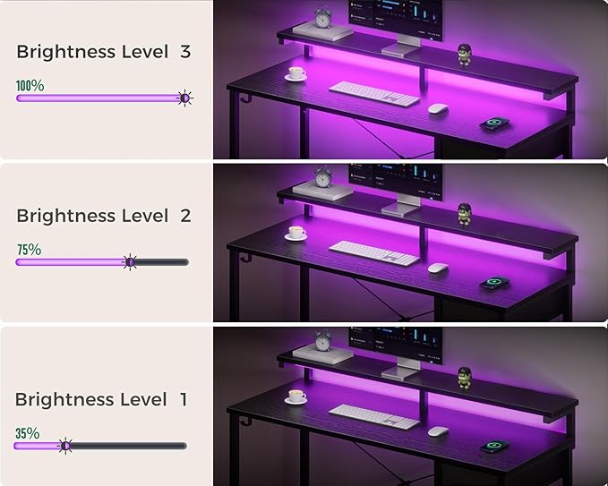 AODK Gaming Desk with LED Lights, 40 Inch Computer Desk with Drawers, Reversible Small Desk with Monitor Stand & Headphone Hook for Home Bedroom, Black