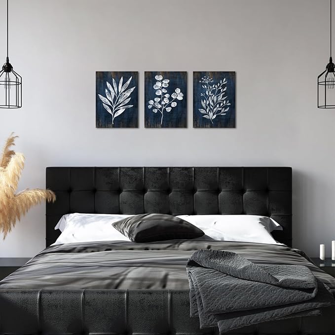 Conipit Navy Blue Botanical Painting Rustic Botanical Wall Art Canvas Abstract Blue White Leaf Plant Artwork Prints Framed For Living Room Bedroom Wall Decor 12''X16''X3pcs