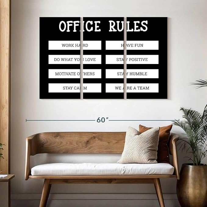 Elephant Stock - Office Rules Wall Art - Horizontal Multi Panel Canvas - 3 Piece Home Office Wall Decor - Digital Art Motivational Typography Multi Piece Wall Art - Black And White Decor by Cad Designs - 50" x 32"