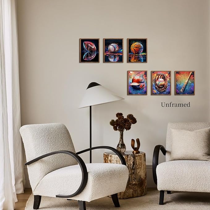 Basketball Baseball Sports Canvas Wall Art Set of 6, Vintage Graffiti Cool Posters Prints, Baseball bat American Football Wall Decor for Man Cave Dorm office Game Room Home Decor Gifts 8x10In Unframed