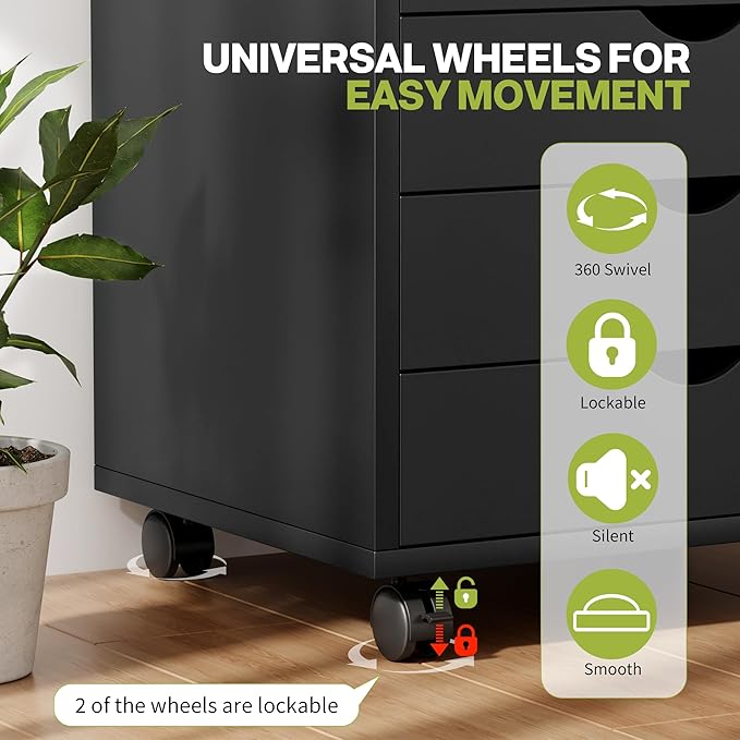 7-Drawer Chest, Office File Cabinet with Wheels, Black