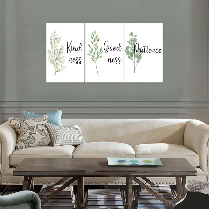 3 Piece Inspirational Wall Art, White Plant Background Picture, Quote "Kind Good Patience" Canvas Print for Office Decor, Triptych Entrepreneur Painting Framed Artwork for Home Wall Decor (48"Wx24" H)