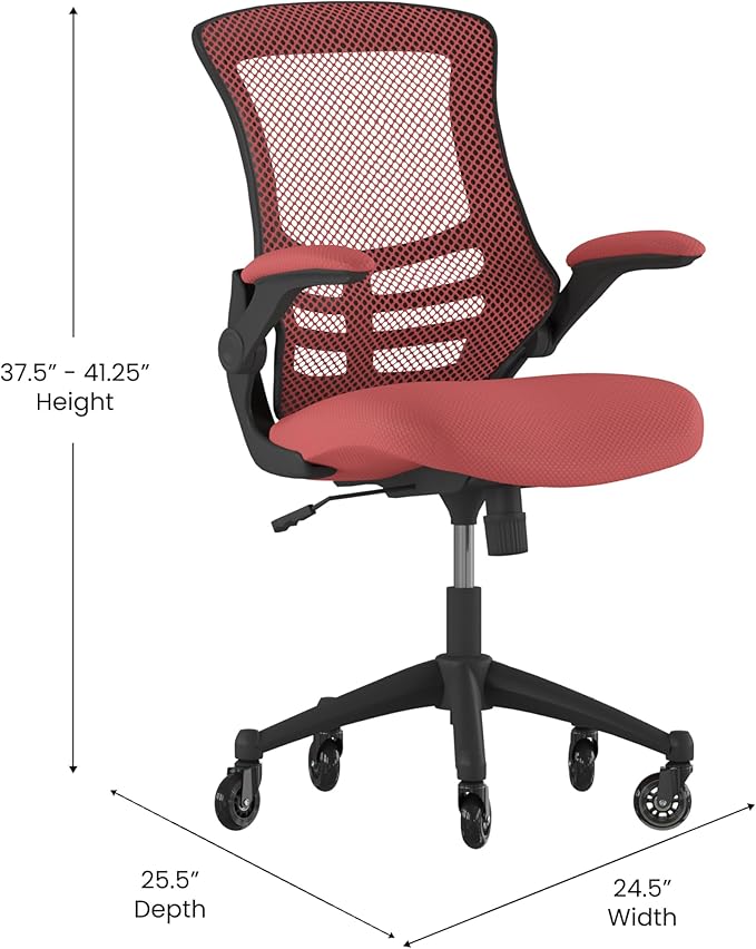 Flash Furniture Kelista Mid-Back Red Mesh Swivel Ergonomic Task Office Chair with Flip-Up Arms and Transparent Roller Wheels