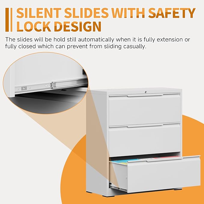 3-Drawer Metal File Cabinet with Lock,Steel Printer Stand with Storage for Home Office,Lateral Filing Cabinet for Legal/Letter/A4 Files,Assembly Required(35.43''W-3 Drawers,White)