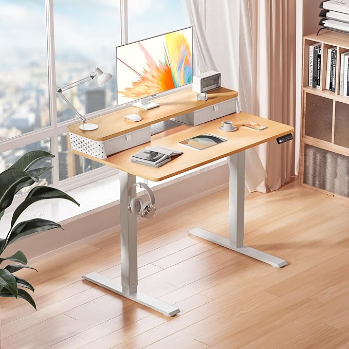 Kingant 40 x 24 Inch Small Electric Standing Desk with Dual Drawers, Height Adjustable Sit to Stand Computer Desk with Storage Shelf and C-Clamp Mount Compatibility for Home Office, Nature