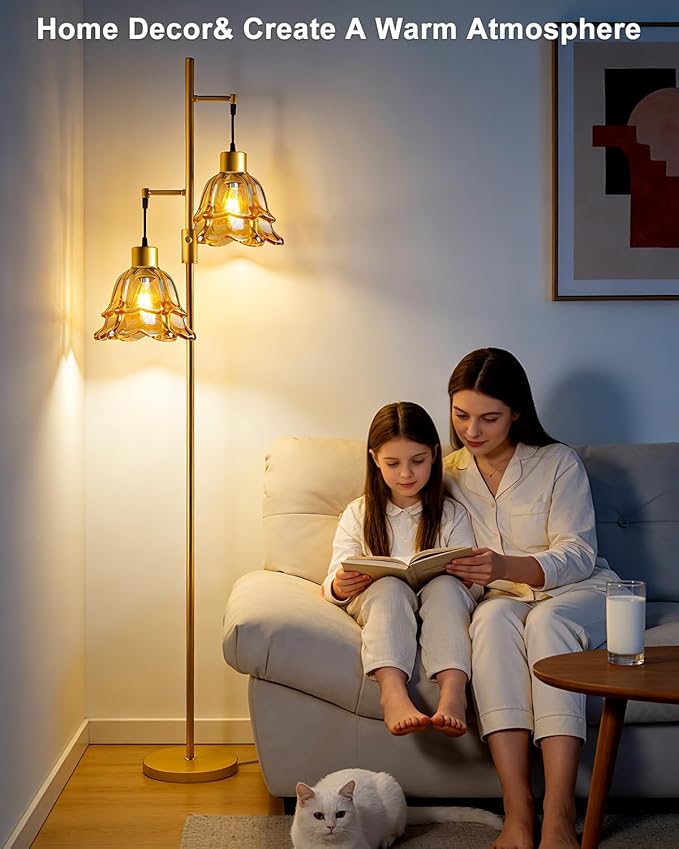 Lightdot 65IN Gold Flower Floor Lamp for Living Room, 2-Light Dimmable with Amber Glass Lampshade, 3000K Warm White Modern Standing Tall Lamp for Bedroom Sofa Beside Corner Decor