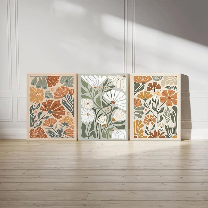 KISSFOX Framed Canvas Wall Art Abstract Floral Botanical Print Set of 3 Green Beige Wildflower Flower Market Paintings Boho Modern Minimalist Pictures Decor Bedroom Bathroom Living Room 16"x24"