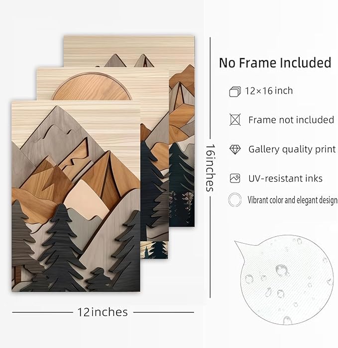 Set of 3 Mountain Wall Art Large Forest Wall Decor Woodcut Wooden Landscape canvas posters Nature Wilderness Art Prints Abstract Landscape Painting for Living Room Bedroom Office Unframed 12x16in
