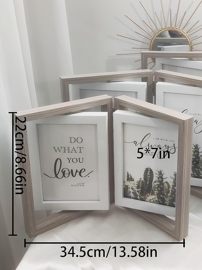 Wooden Hinged Double floating rotating Picture Frame for Photos, 4 * 6 5 * 7 vertical photo Natural Finish (grey color, 5 * 7in)
