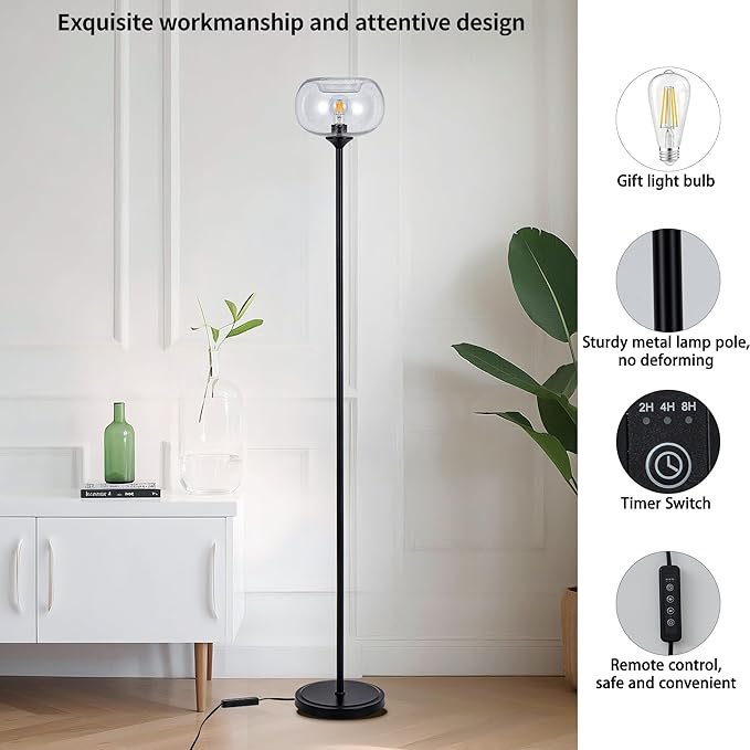 MAYNA Globe Floor Lamp, Clear Round Glass Standing Lamp with Built-in Timer Switch, Black Tall Industrial Lamps for Living Room Bedroom, 2700K LED Bulb Included