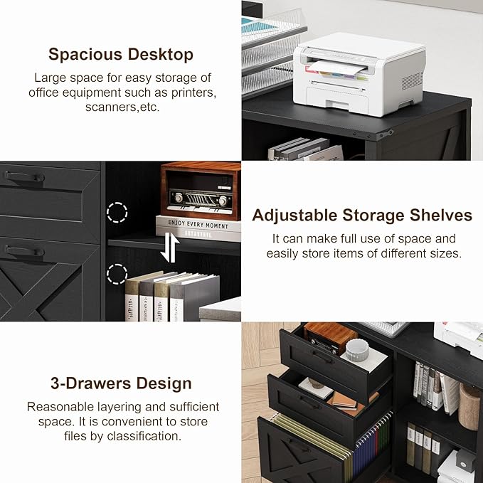 Farmhouse Lateral Filing Cabinet with 3 Drawers and Open Shelf, Lateral File Cabinet with with File Drawer for Letter/A4 Hanging File, Large Printer Stand for Home Office, Living Room, Rustic Black