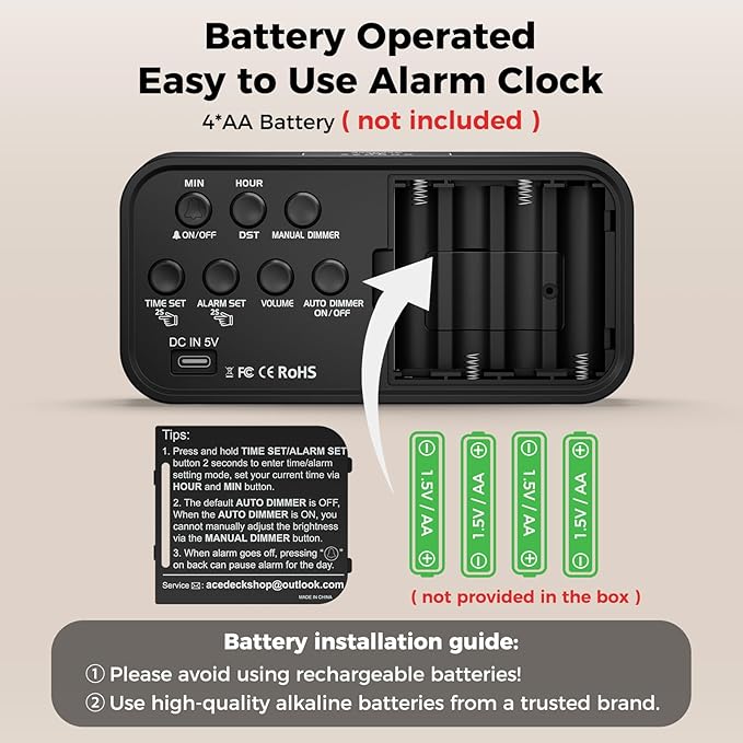 Battery Operated Digital Clock: Cordless Small Alarm Clock for Bedroom Travel - Large Numbers 4 Dimmers for All Ages White Digits