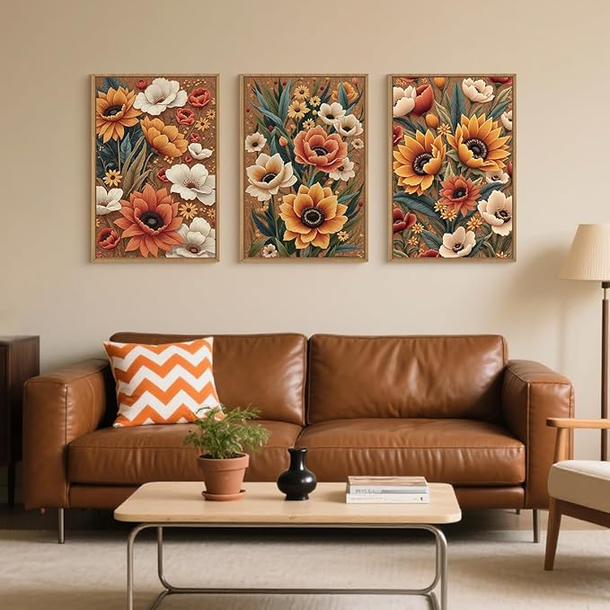 Large Boho Flower Botanical Framed Canvas Wall Art,Abstract Floral Wall Decor,Embroidery Plant Wall Painting,Bloom Wildflower Artwork for Living Room,Bedroom,Dining Room,Office -24"x36"x3