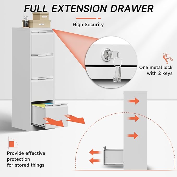 4 Drawer File Cabinet,Metal Vertical File Storage Cabinet with Lock,Filing Cabinets for Home Office,A4 Legal/Letter, Assembly Required(White)