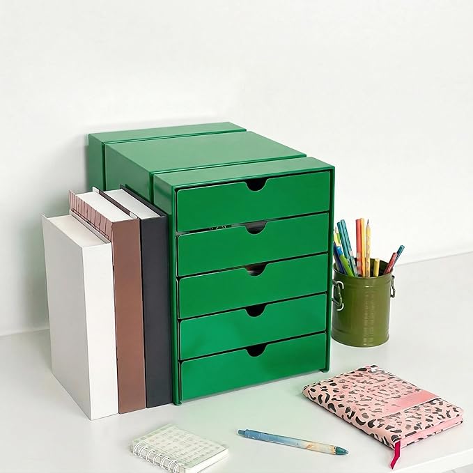 Modern Steel 5-Drawer File Cabinet For Desk, Document Storage Box, Office Desktop Filing Organizer, Drawer Organizer, desk caddy (Green)