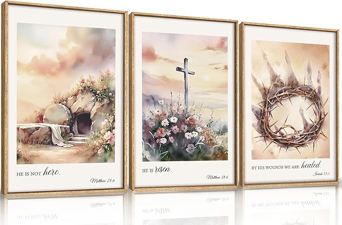 Ausril 3 Pcs Christian Cross Framed Wall Art Set, Jesus Empty Tomb Canvas Decor, Christian Religious Bible Painting, Jesus Crucifixion Risen Easter Print for Living Room, Bedroom, Church 16X24inch