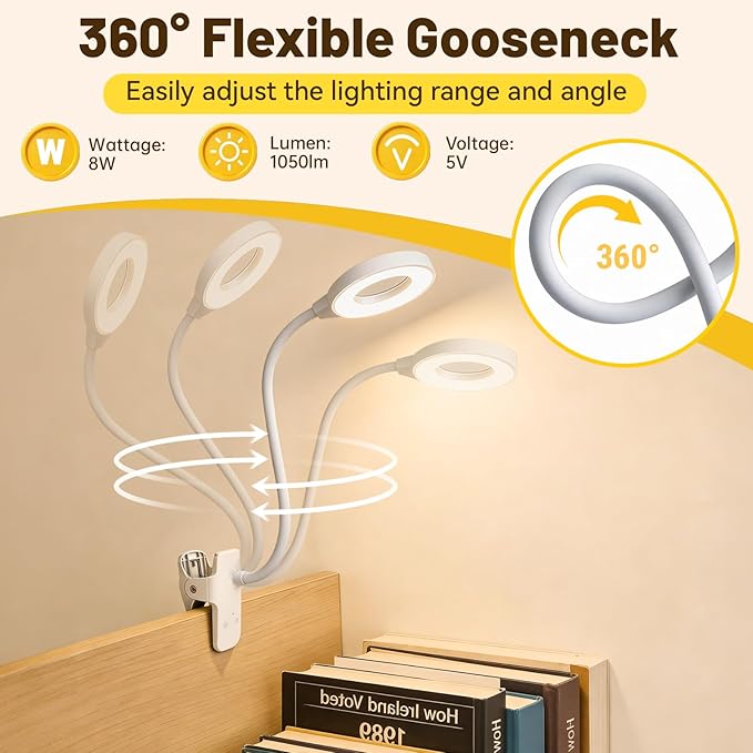 Clip on Reading Light for Bed Headboard, Rechargeable Battery with Large Clamp, 5 Colors & 5 Brightness Flexible Neck Desk Lamp, Eye Protection LED Touch Control Book Light for Kids, Bunk Bed, (White)